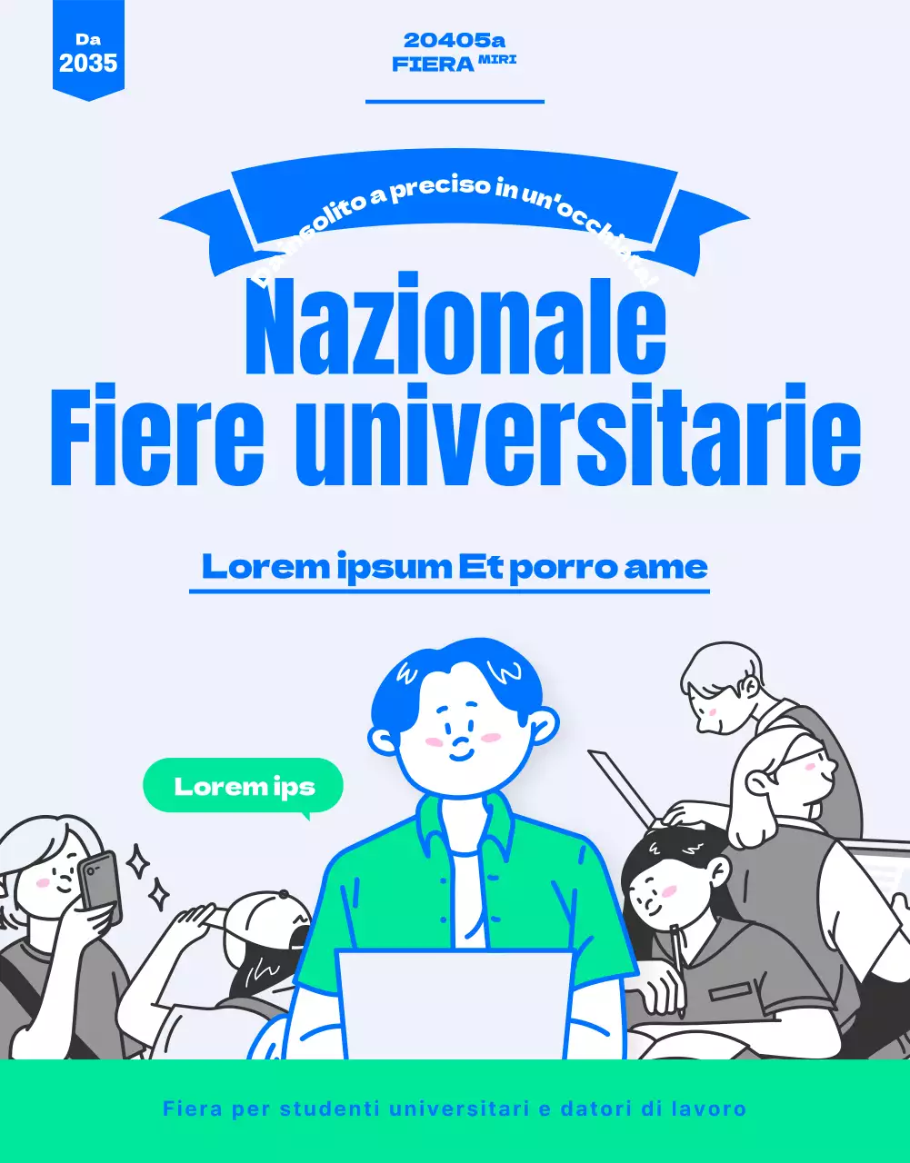Una fiera delle ammissioni universitarie di colore blu, trendy e giovane (pagina di dettagli)