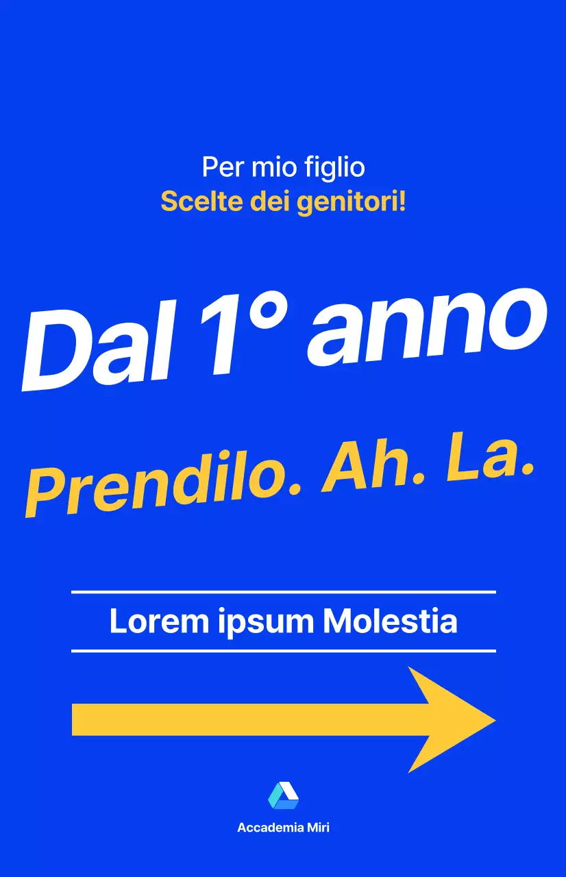 Sessione informativa per i genitori di un'accademia per studenti delle scuole superiori, con testo evidenziato in blu e colori fluorescenti.