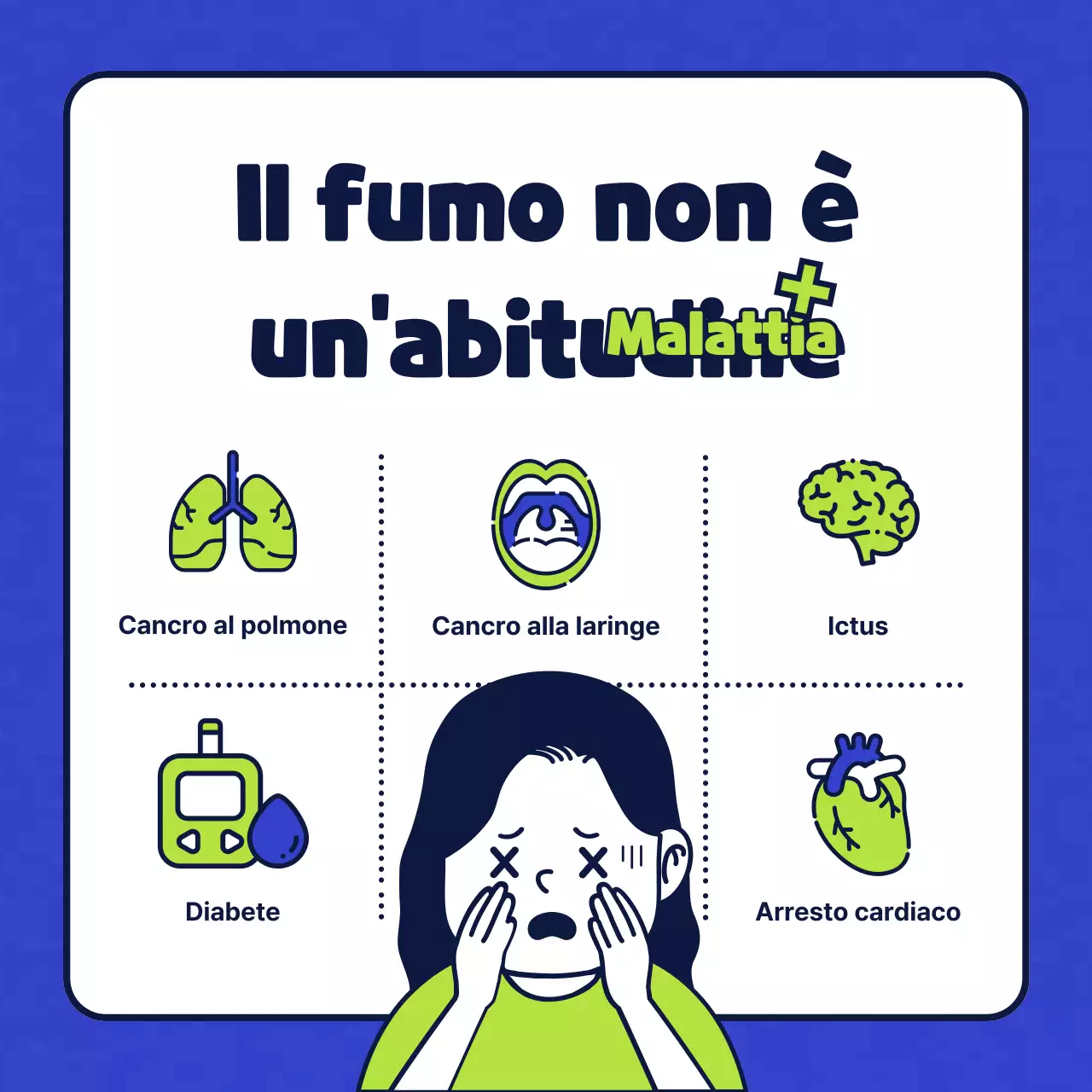 Semplice illustrazione di carattere in blu e chartreuse che introduce una clinica sanitaria senza tabacco.