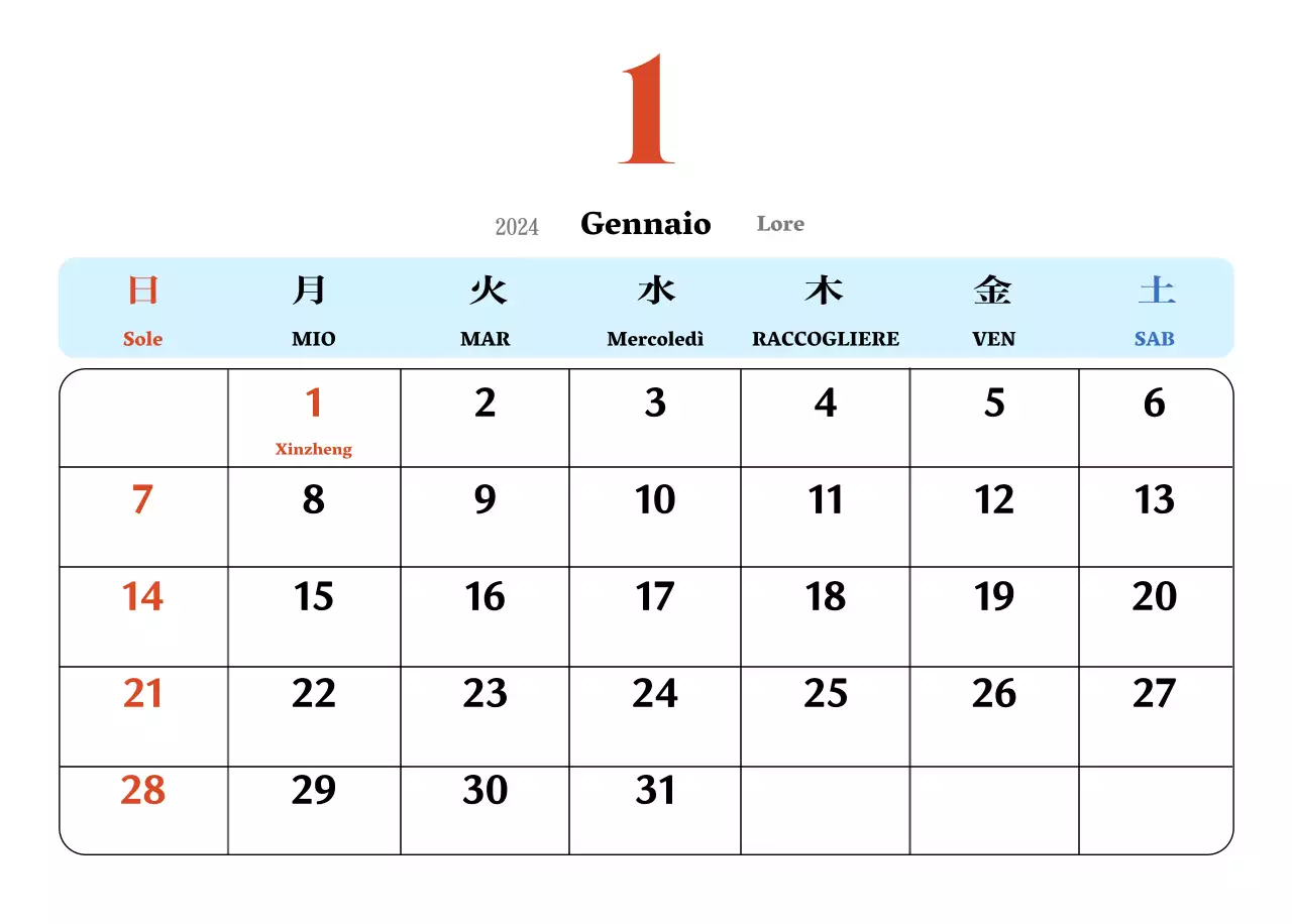 Calendario nostalgico di concezione retrò in rosso e blu