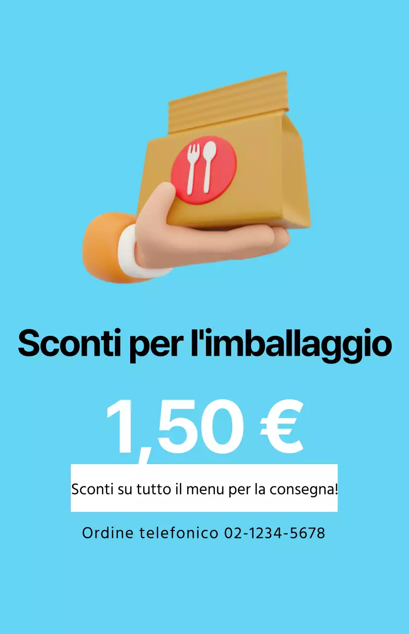 Una promozione di sconto pulita con un'immagine da asporto su uno sfondo blu chiaro