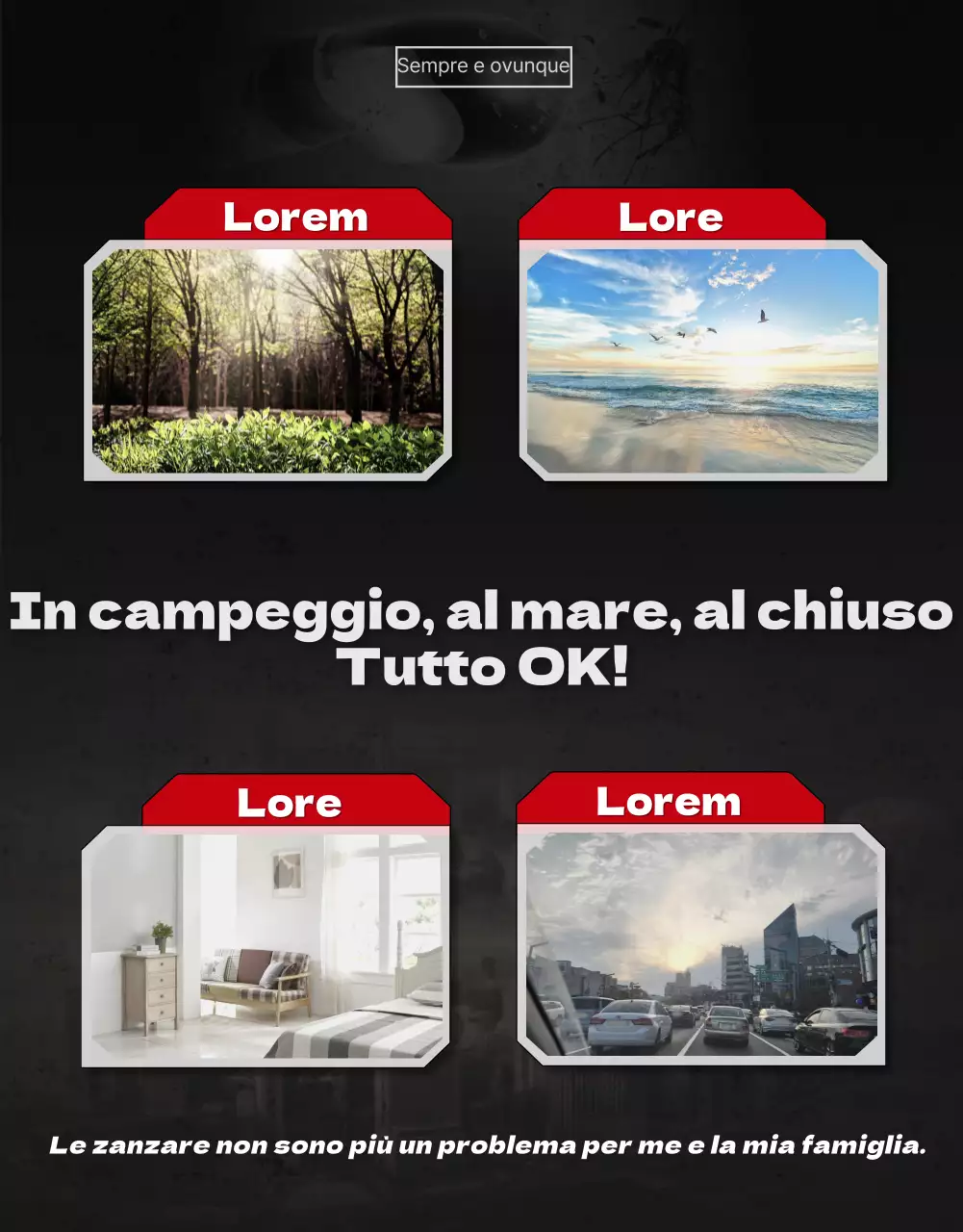 Promuovete un prodotto repellente per zanzare con una locandina nera e rossa di un film catastrofico.