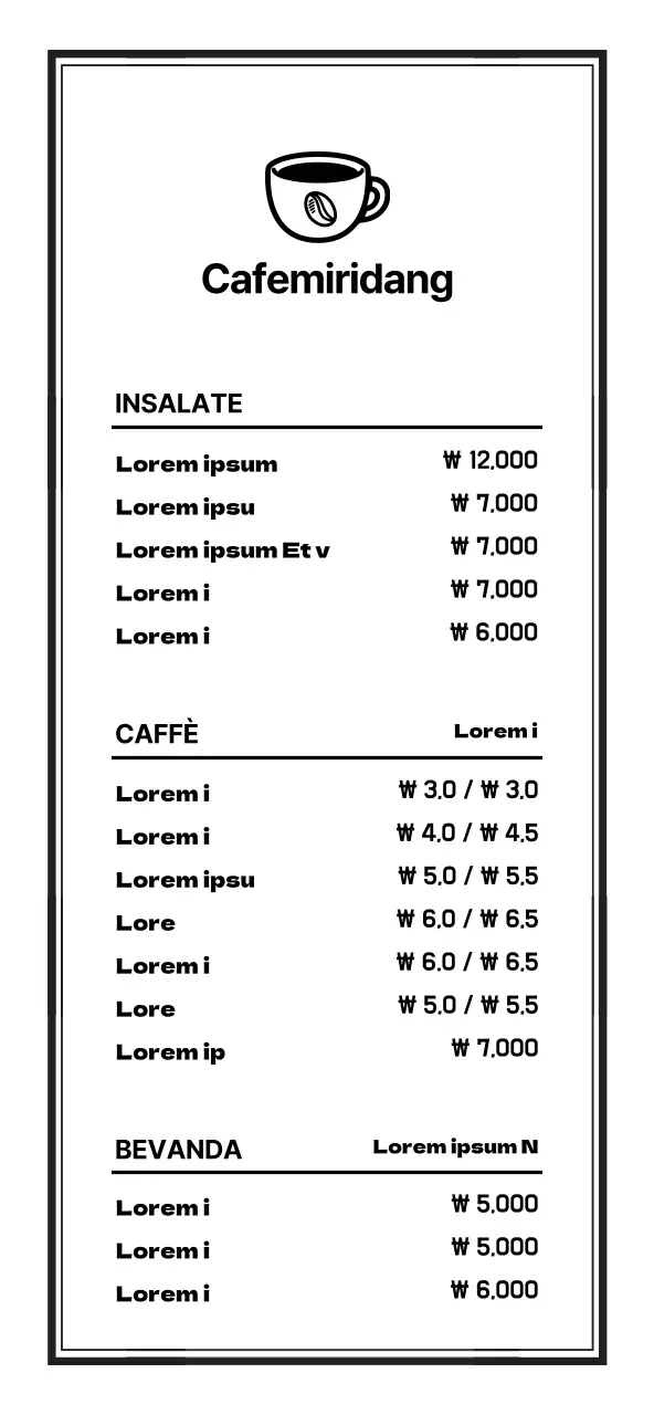 Segnaletica del menu del bar in stile semplice e pulito in bianco e nero
