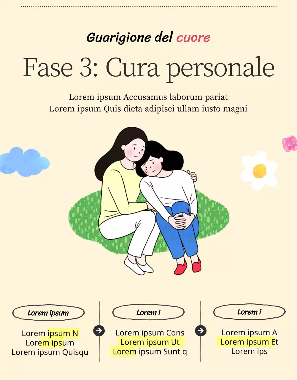 Un centro di consulenza psicologica per giovani con illustrazioni calde e accoglienti in beige e colori primari.