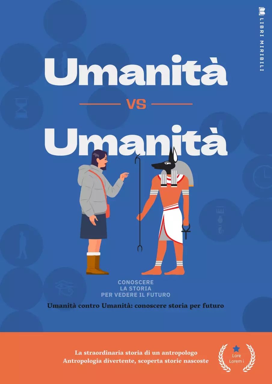 Storie di antropologia e storia con testi puliti in blu e arancione.