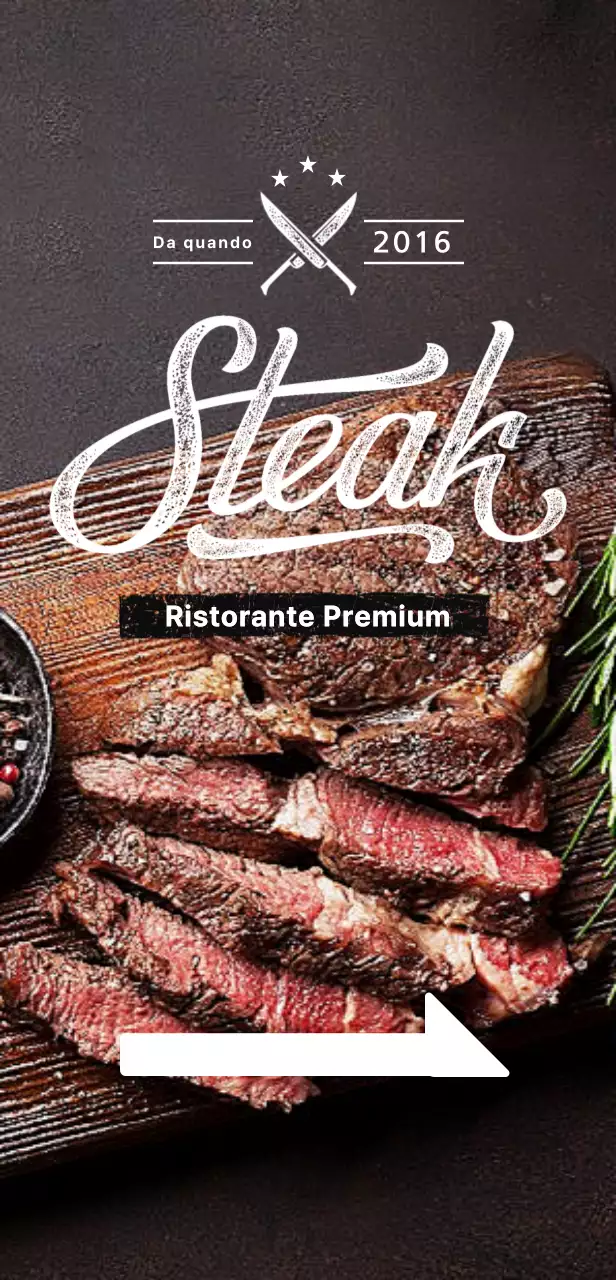 Banner di ristorante con immagine di una bistecca su sfondo nero