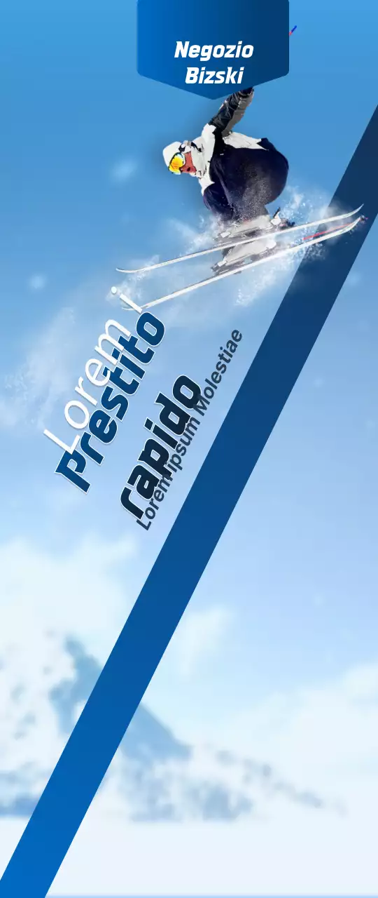 Un negozio di sci con un concetto semplice in blu navy e bianco per le informazioni e la promozione del negozio.