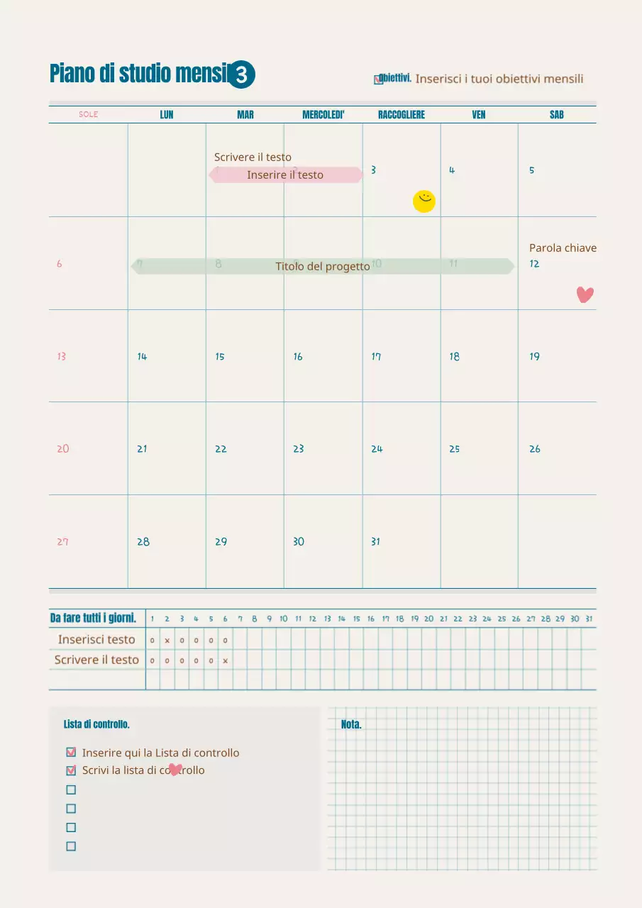 Piano di studio mensile in turchese e marrone