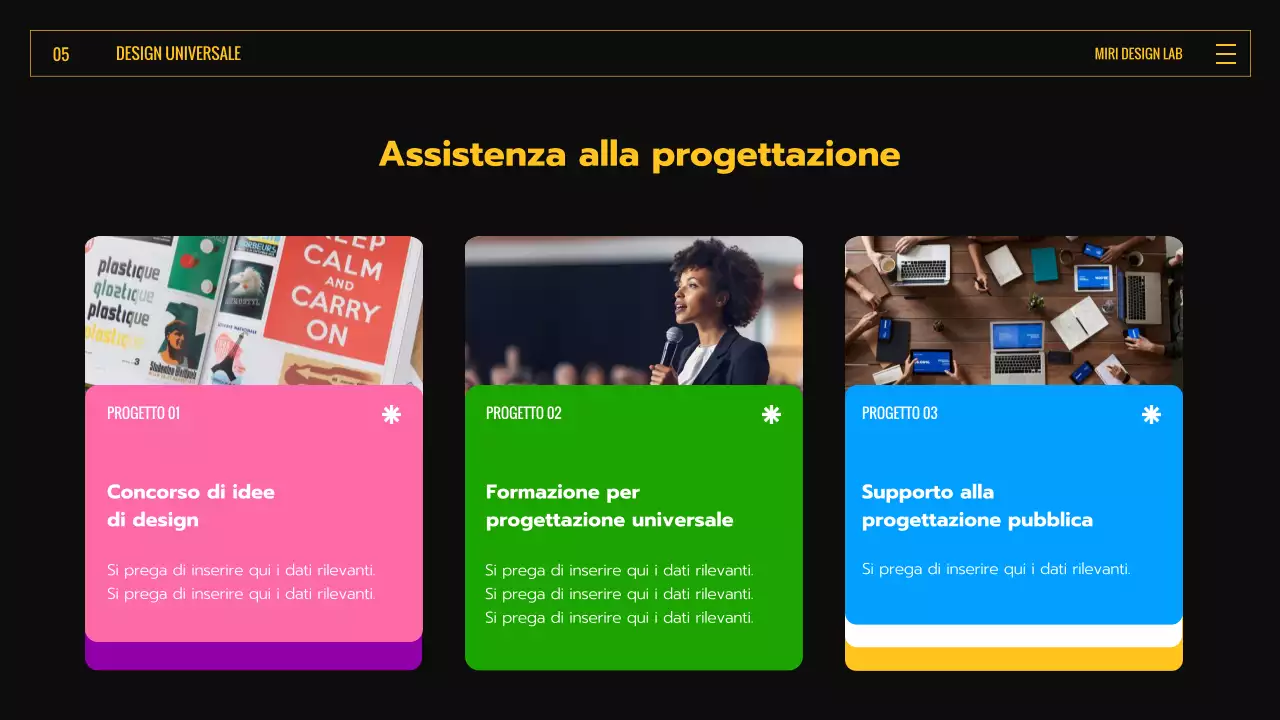 Introduzione all'Universal Design con forme espressive colorate nere e gialle