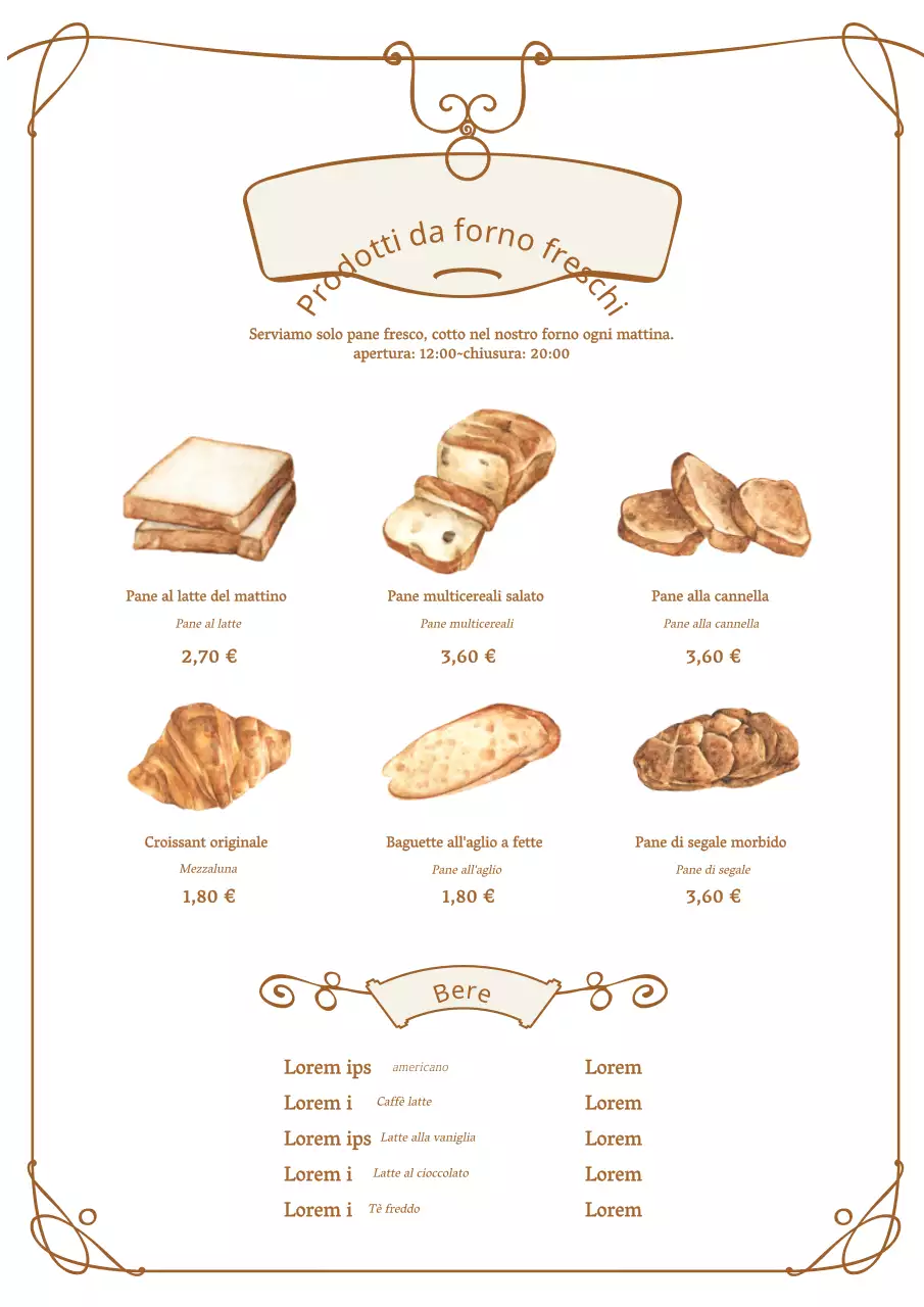 Menu vintage di una panetteria con illustrazioni in marrone