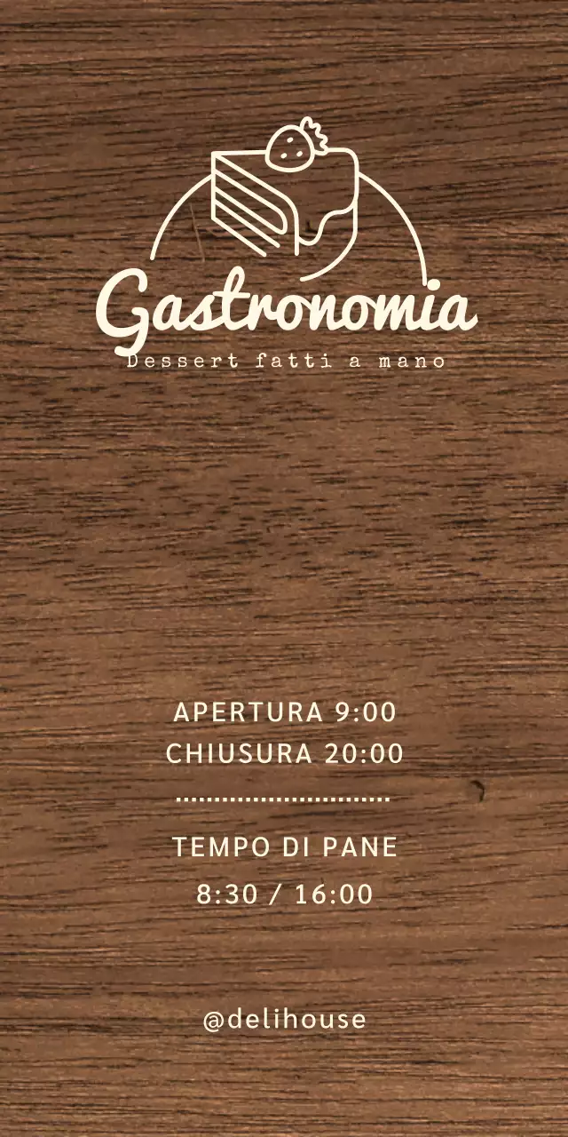 Insegna di un bar per dolci con testo in avorio e illustrazione della linea della torta