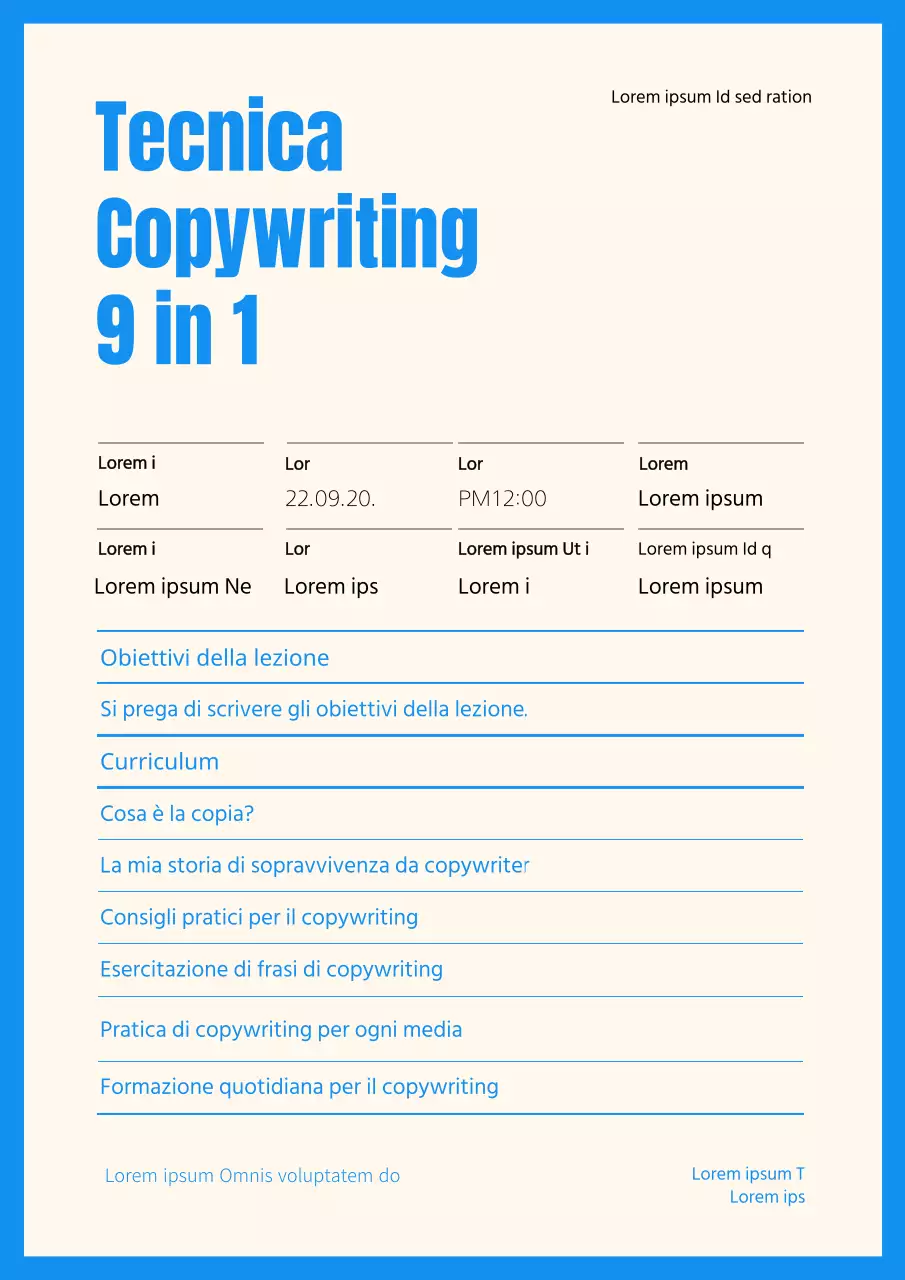 Sillabo del corso di copywriting tecnico in blu e avorio documenti curriculari