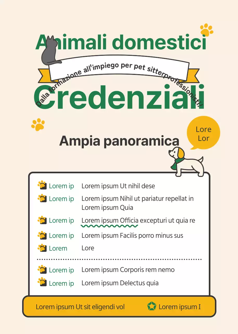 Selezione per la certificazione di pet sitter con tema verde e giallo