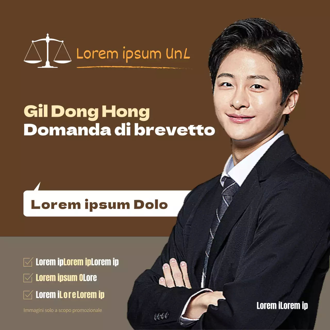 Domanda di brevetto consulenza ufficio legale con ritratto su sfondo marrone