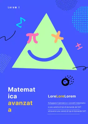 Quaderno di matematica per le scuole medie superiori ed elementari con simboli matematici e forme geometriche in viola, verde lime e giallo.