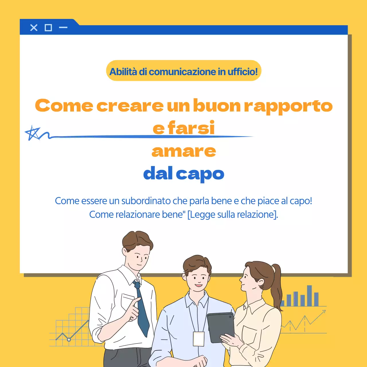 Concetto di illustrazione blu e giallo Come relazionarsi bene al lavoro CardNews