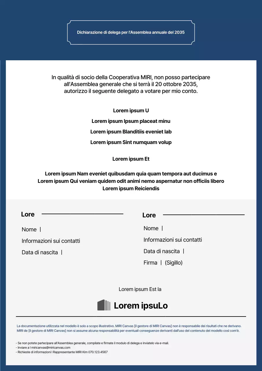 Dichiarazione di delega per l'Assemblea generale annuale in blu e grigio
