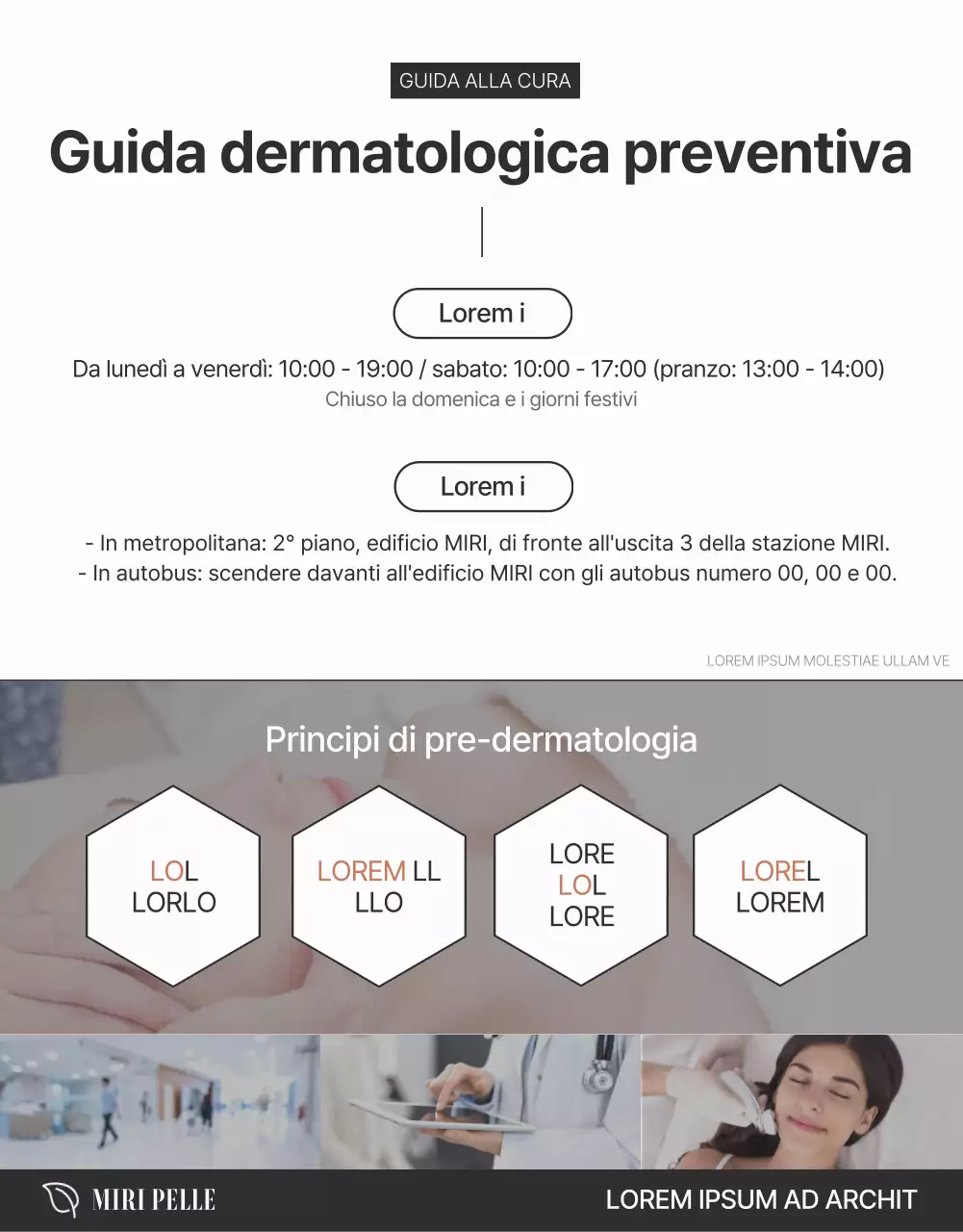 Pubblicità che promuove procedure cosmetiche dermatologiche in marrone e nero.