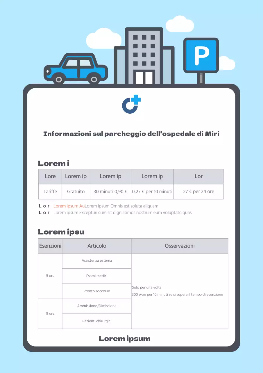 Illustrazione blu chiaro carino ospedale parcheggio istruzioni modello di documento