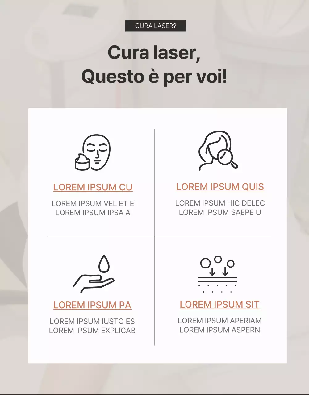 Pubblicità che promuove procedure cosmetiche dermatologiche in marrone e nero.