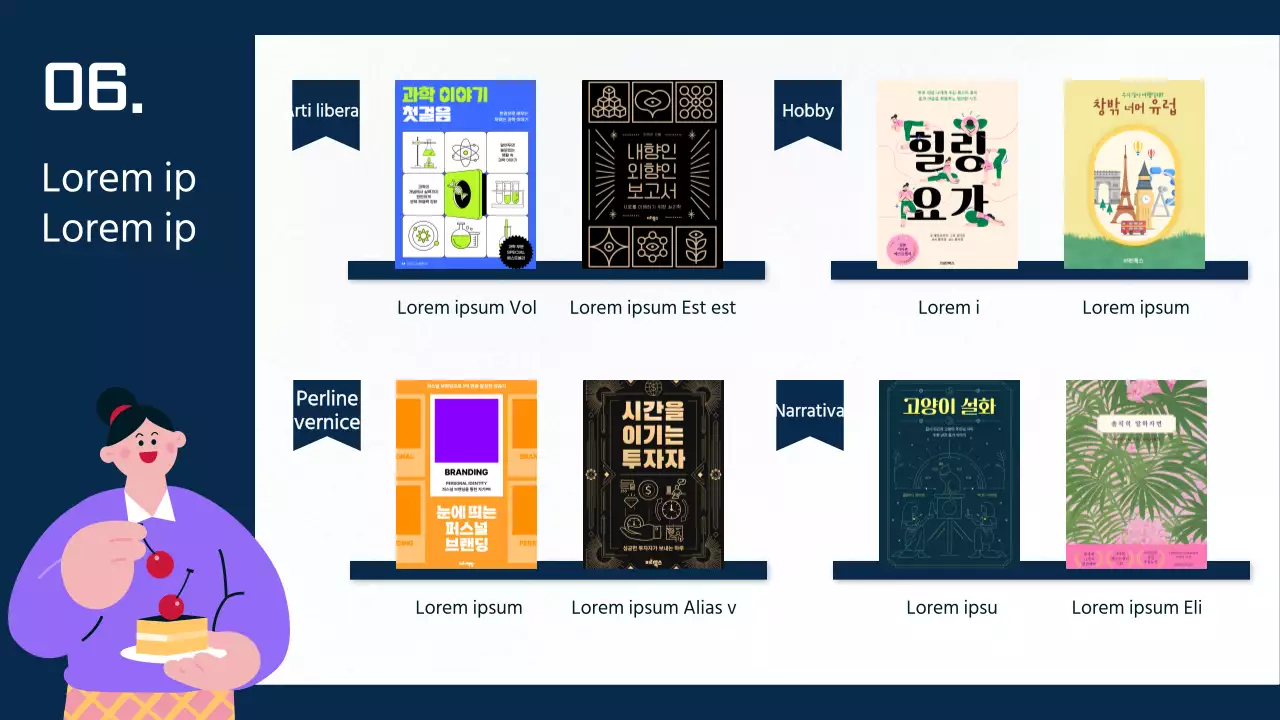 Un tema di libreria con illustrazioni umane su un semplice sfondo viola e blu.