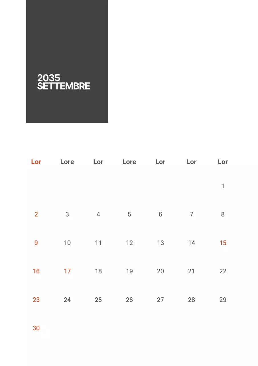 Semplice calendario a righe in bianco e nero