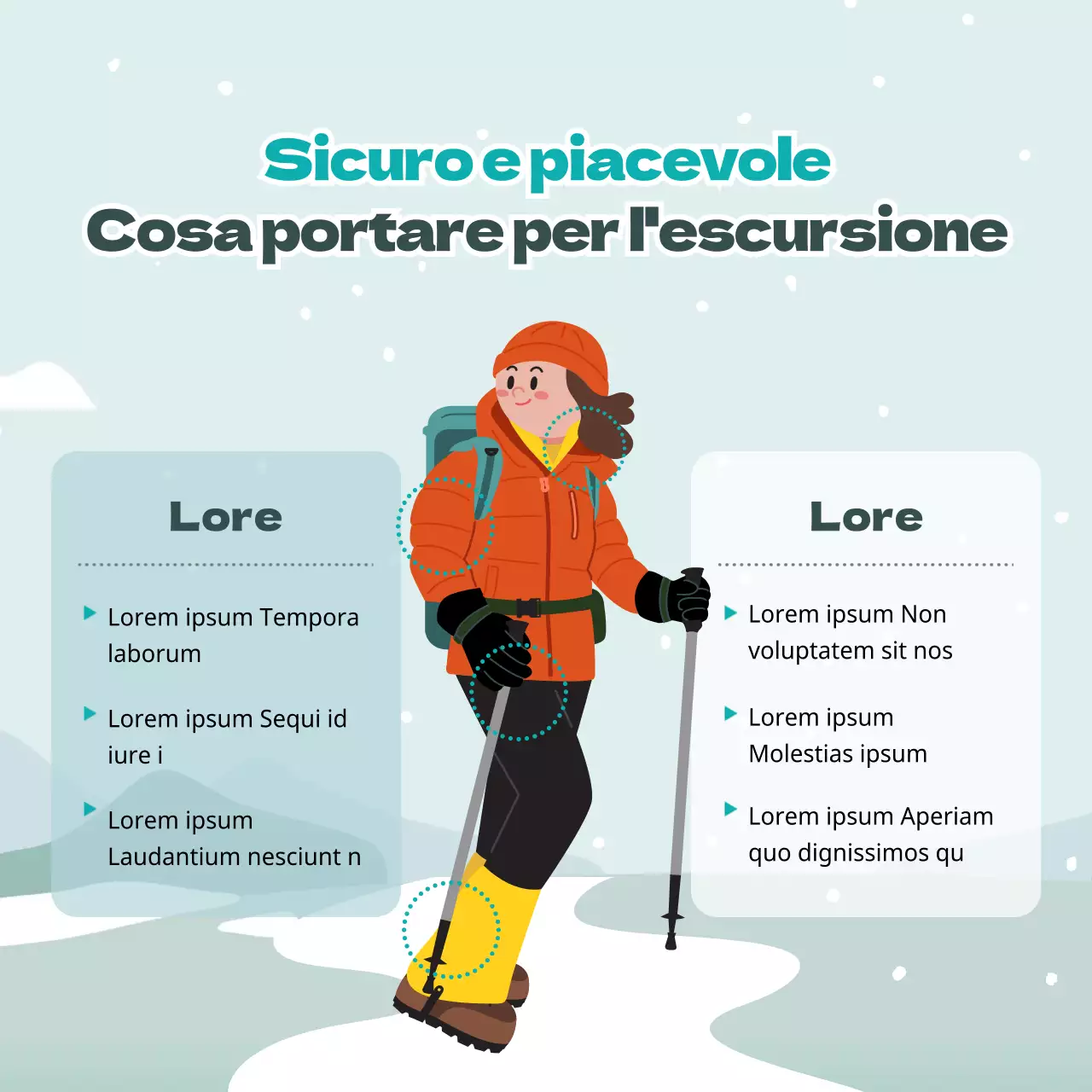 Simpatiche illustrazioni in azzurro e verde Consigli per la sicurezza in montagna in inverno