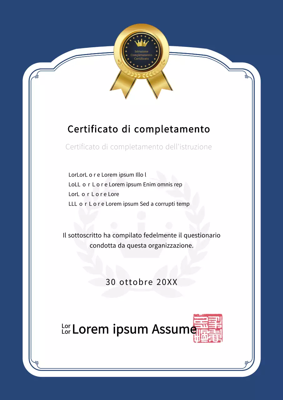 Cornice di classe in blu navy e nero con certificato di completamento.