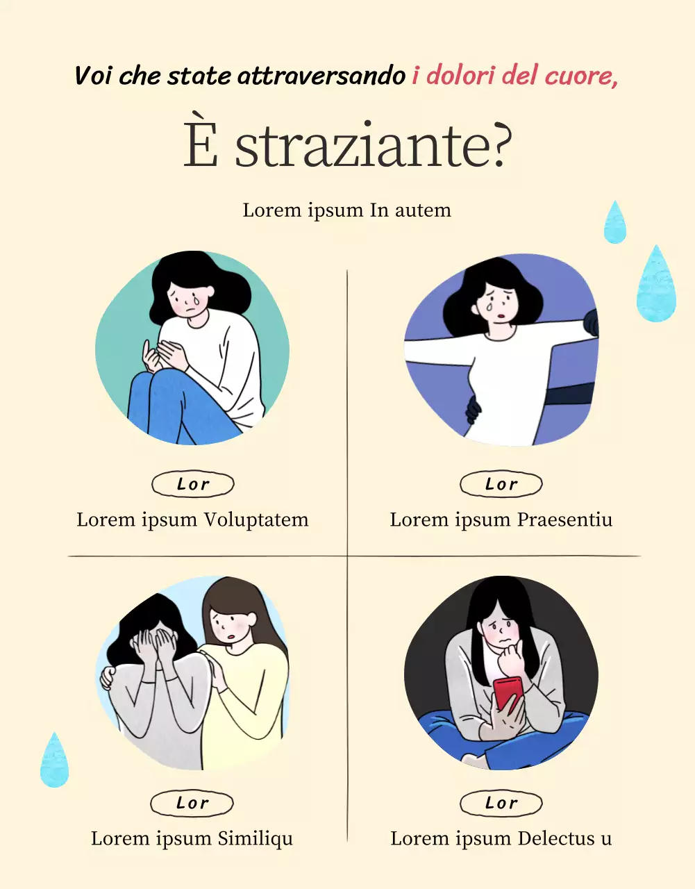 Un centro di consulenza psicologica per giovani con illustrazioni calde e accoglienti in beige e colori primari.