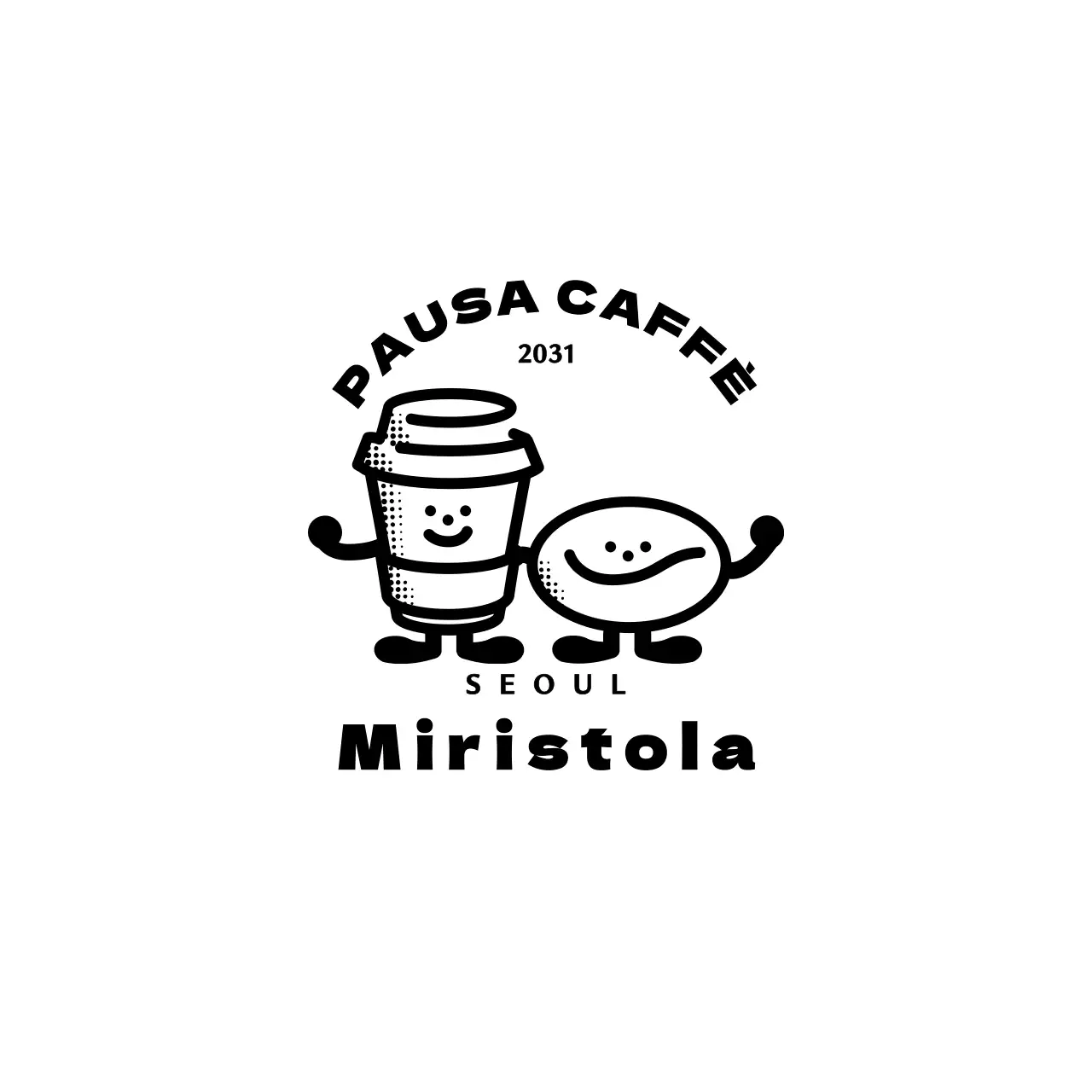 Disegnate il logo di una caffetteria con una tazza da caffè e chicchi di caffè illustrati in stile vintage e carino