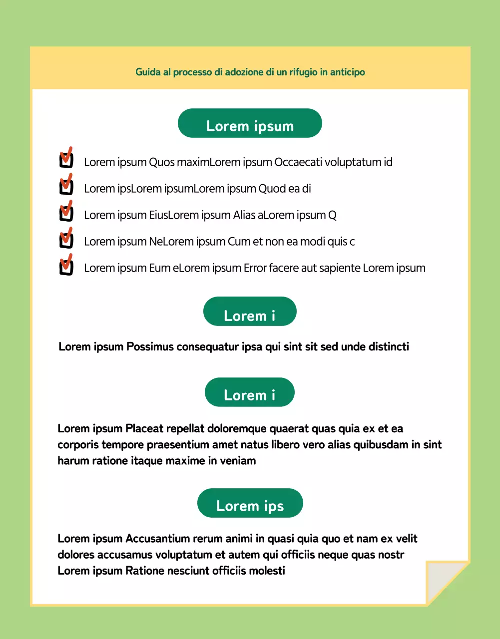 Pagina verde e gialla con i dettagli dell'adozione di un animale domestico