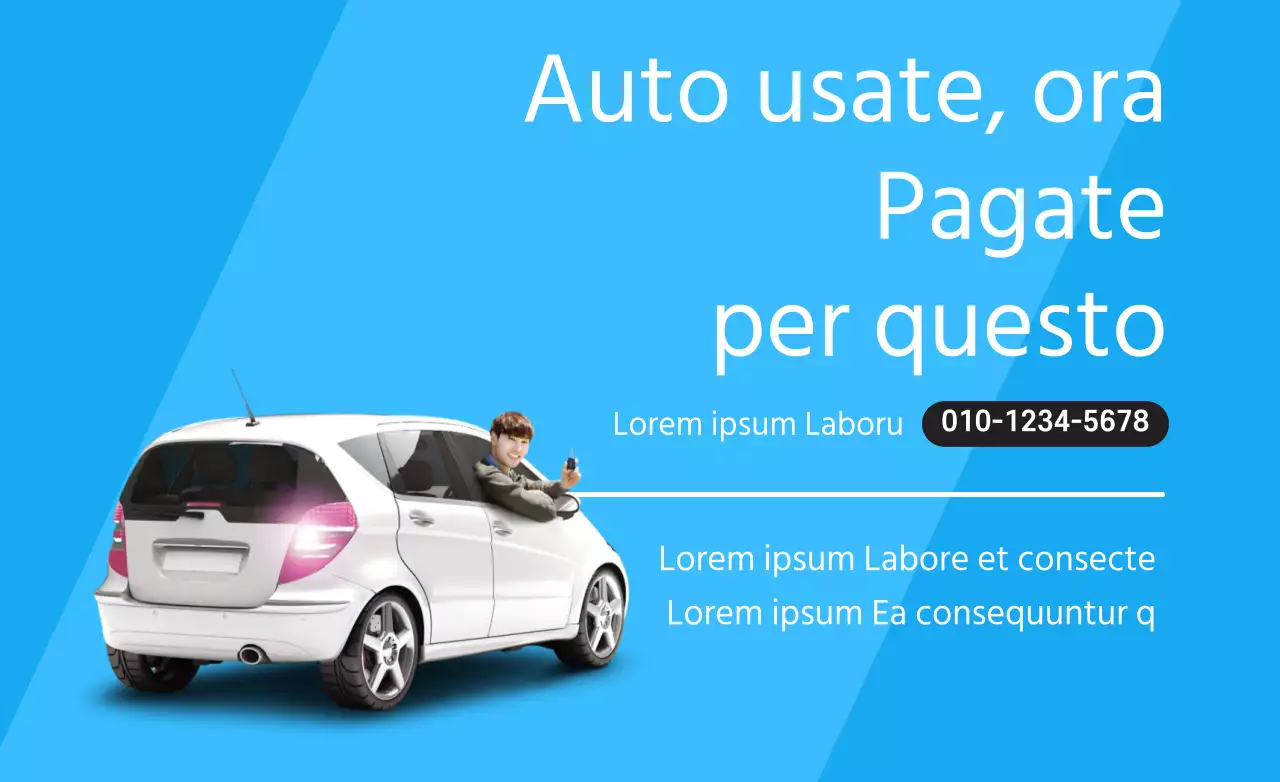 Stile di layout di testo semplice in azzurro e bianco con informazioni sul centro auto usate