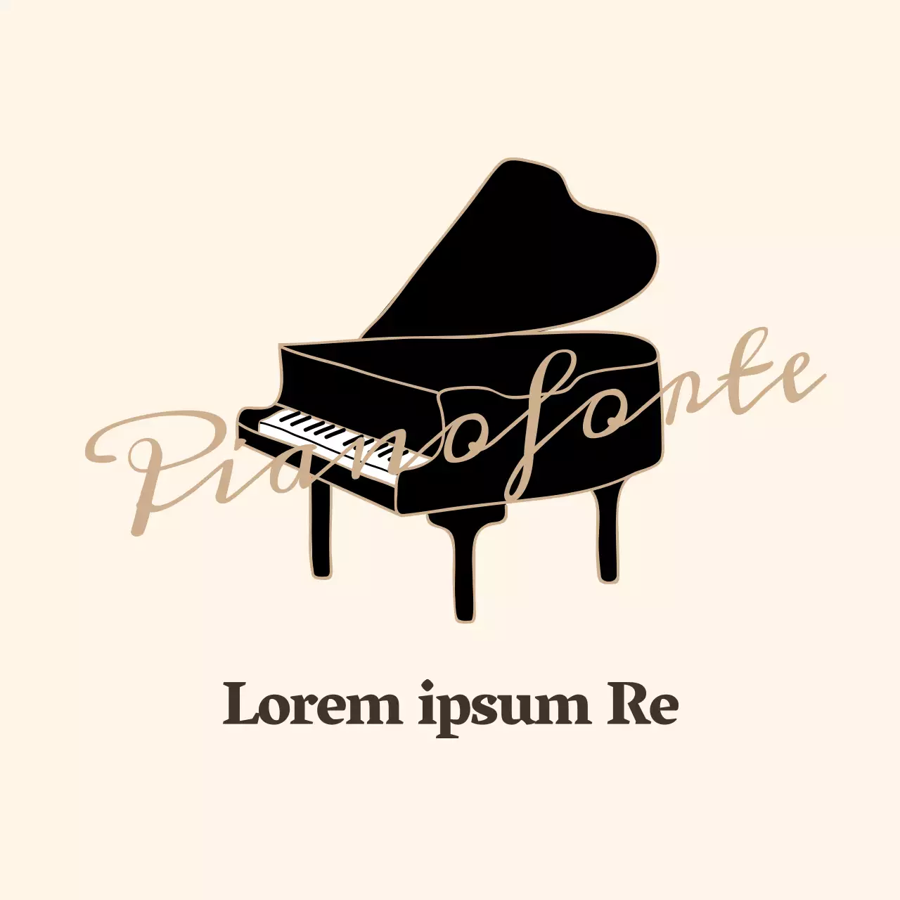 Logo promozionale della scuola di pianoforte in stile corsivo emozionale nei colori giallo chiaro e marrone.