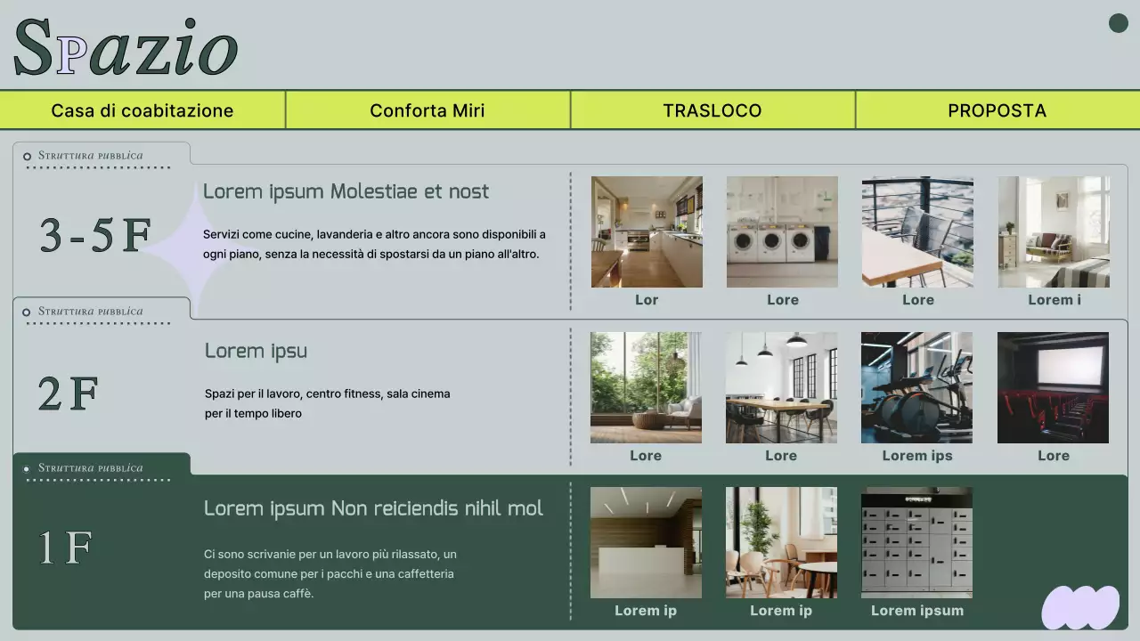 Proposta di casa co-living con foto e linee verdi attenuate