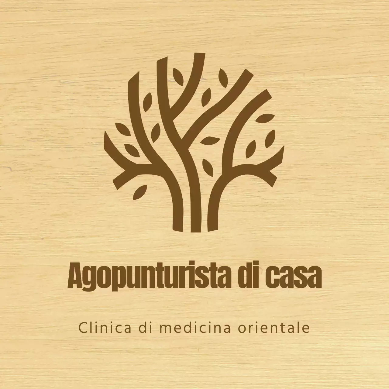 Un'insegna di classe per una clinica di medicina orientale con testo marrone e un'illustrazione a linee di legno.