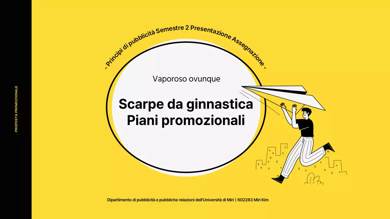 Piano di promozione marketing per una scarpa da ginnastica con un concetto di illustrazione a colori vivaci nei toni del giallo e del nero.
