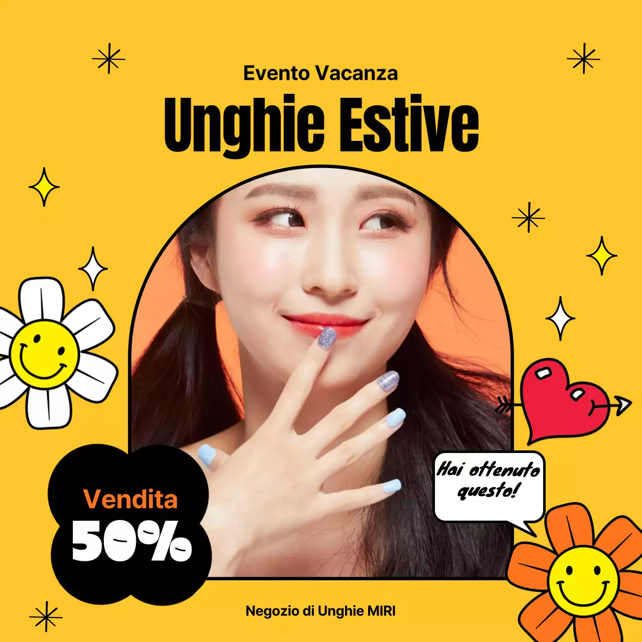 Vendita di unghie sotto forma di cornice con un'illustrazione kitsch su sfondo giallo