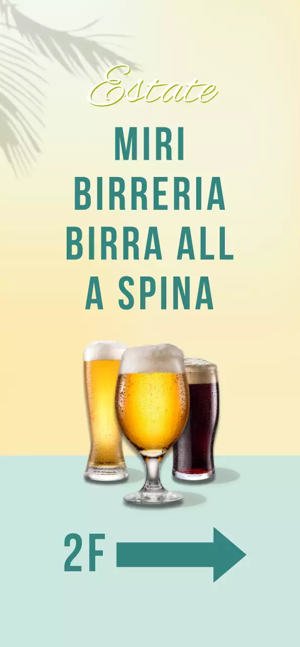 Banner con birra gialla e ombra di palma su sfondo menta
