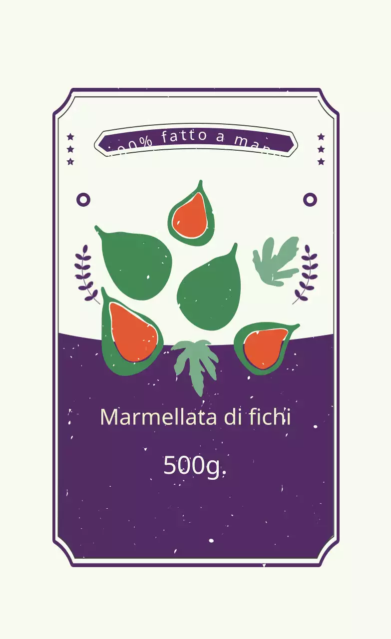 Etichetta artigianale di marmellata di fichi illustrata verde viola rossa
