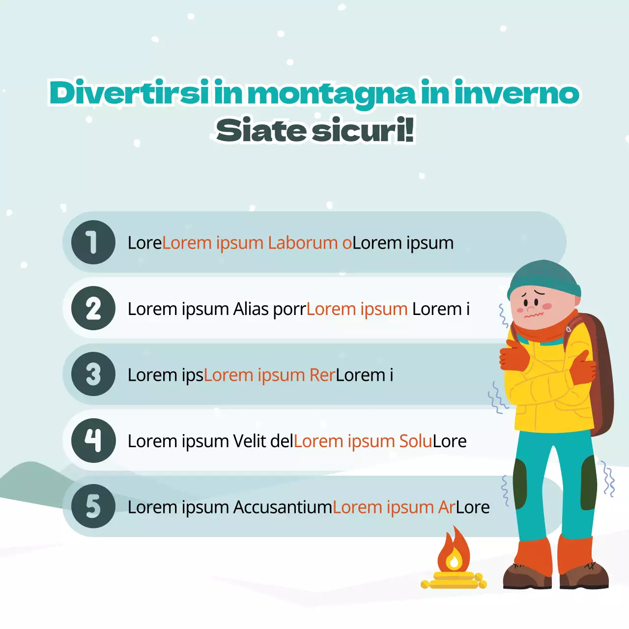 Simpatiche illustrazioni in azzurro e verde Consigli per la sicurezza in montagna in inverno