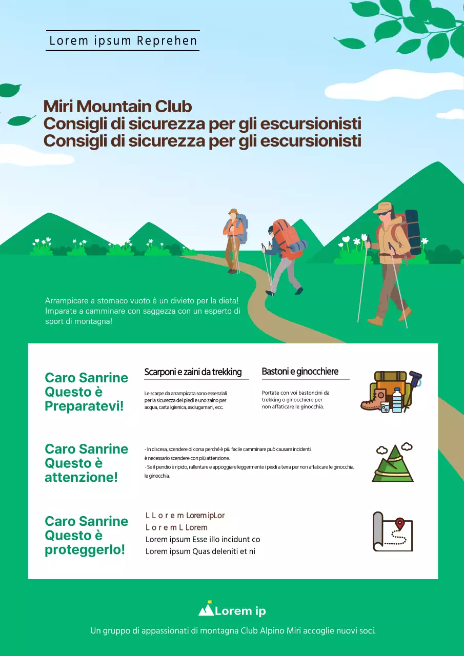 Illustrazione in azzurro e verde della Mountaineering Association con consigli per un'arrampicata sicura in montagna
