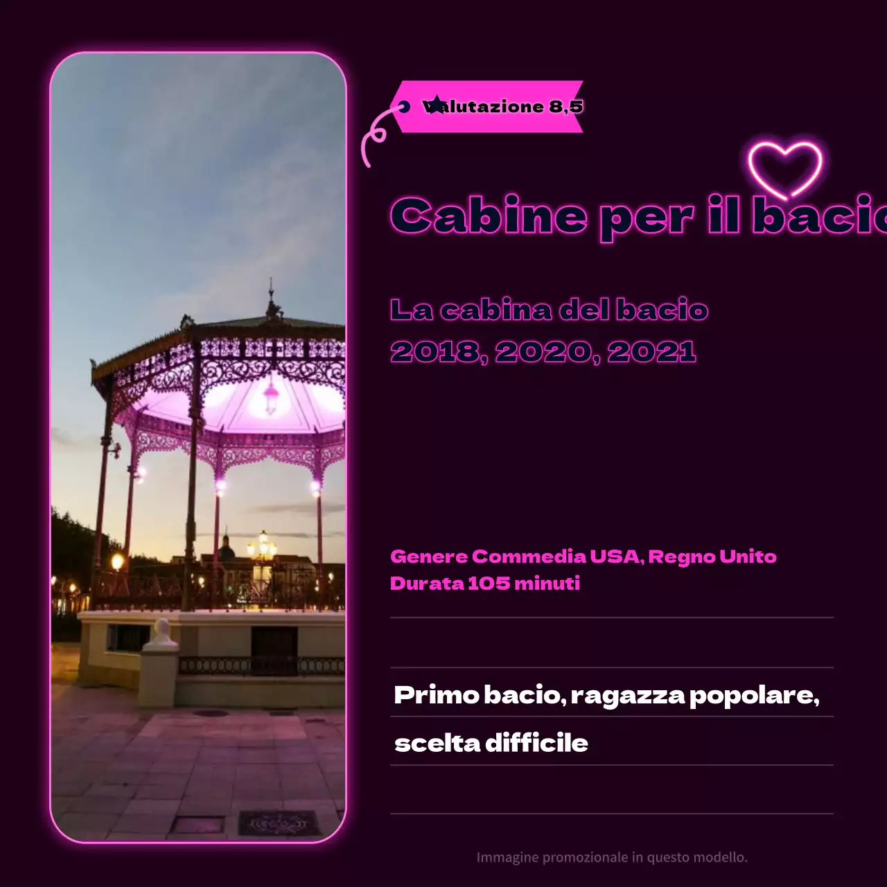 Raccomandazioni di film per appuntamenti a tarda notte con uno sfondo blu navy e insegne al neon