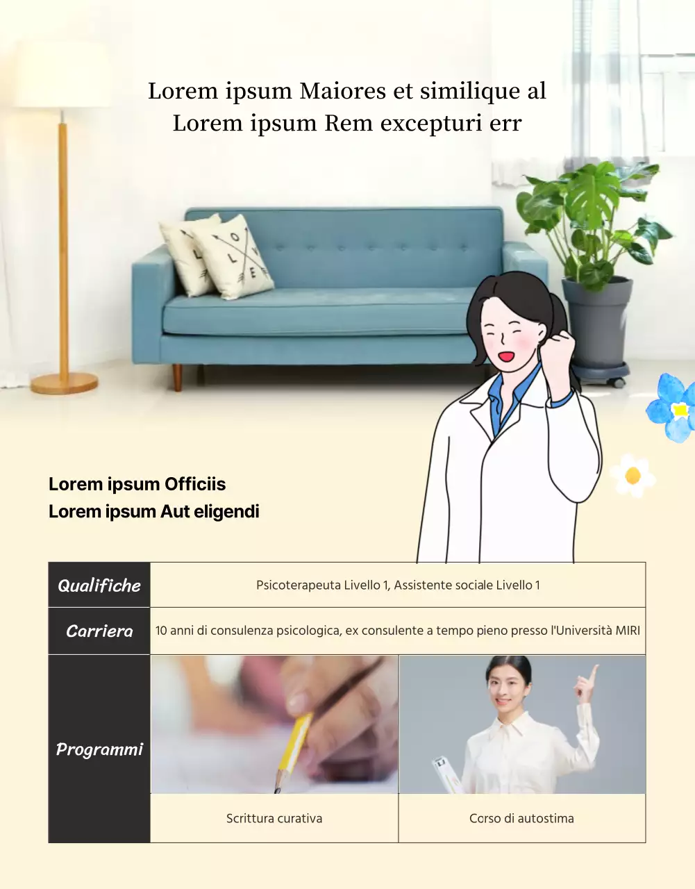 Un centro di consulenza psicologica per giovani con illustrazioni calde e accoglienti in beige e colori primari.