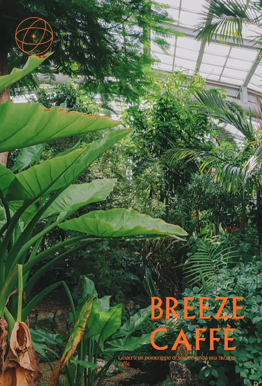 Promuovere un lussureggiante caffè estivo con lo sfondo di un giardino botanico