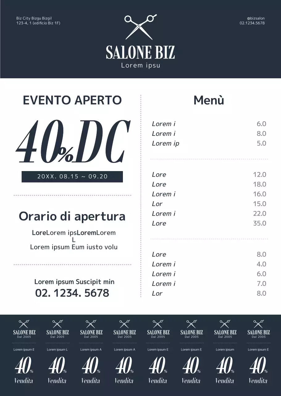 Stile semplice e pulito in blu scuro e bianco Per informazioni e promozione del vostro salone di bellezza.