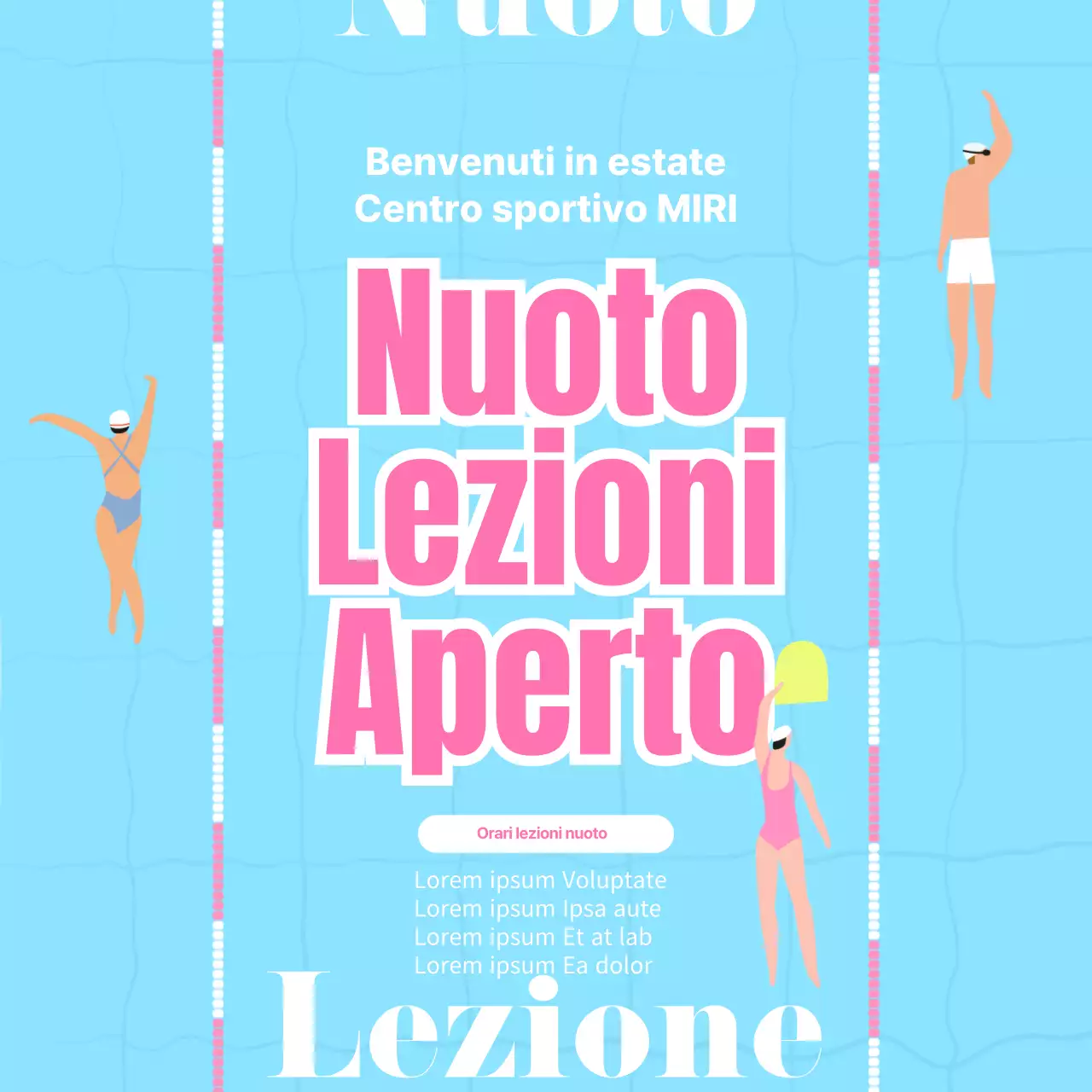 Promuovete l'inizio delle lezioni di nuoto con uno sfondo illustrativo della piscina blu con vista dall'alto
