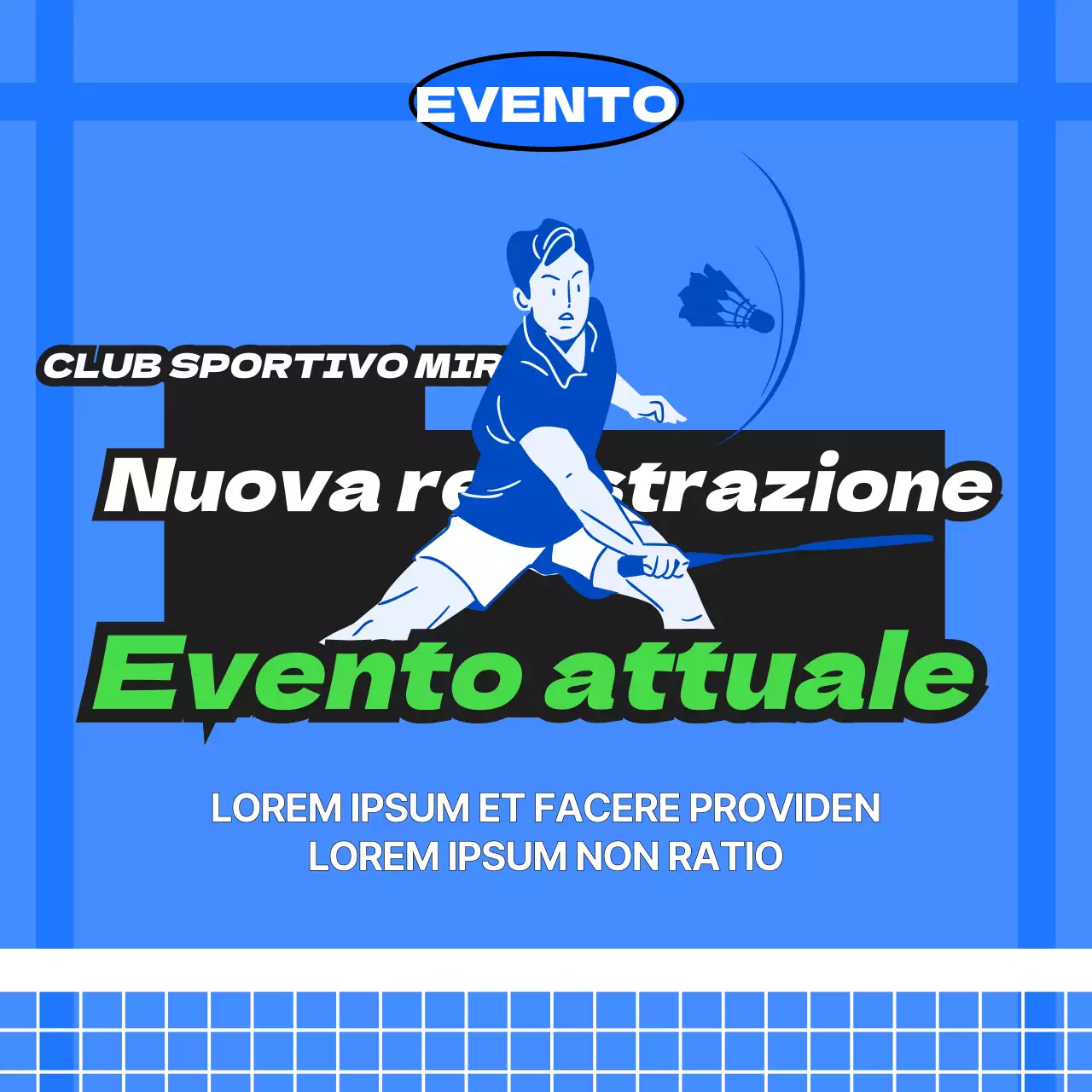 Reclutamento di soci per un club sportivo con un concetto di campo da badminton blu
