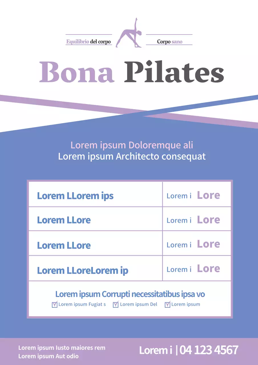 Promozione di un semplice programma scolastico di Pilates con tavoli blu e viola
