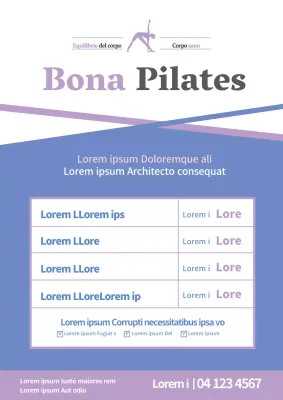 Promozione di un semplice programma scolastico di Pilates con tavoli blu e viola