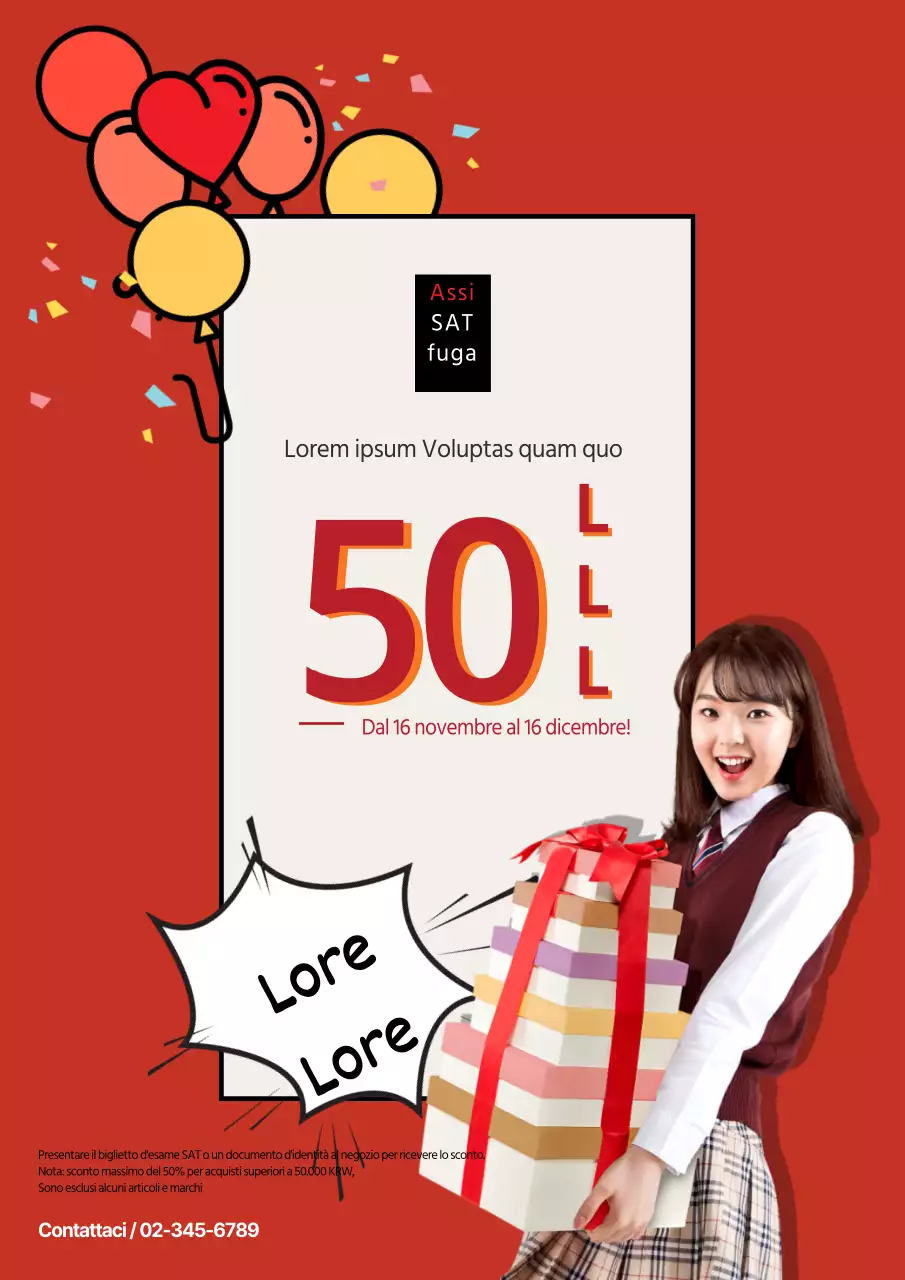 Promuovete un'offerta esclusiva di sconti per studenti per celebrare l'apertura con un'illustrazione di palloncini rossi e coriandoli.